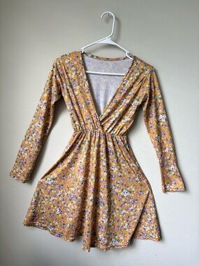 Beauti Floral Wrap Mini Dress Mustard Yellow Long Sleeve Size S Est.